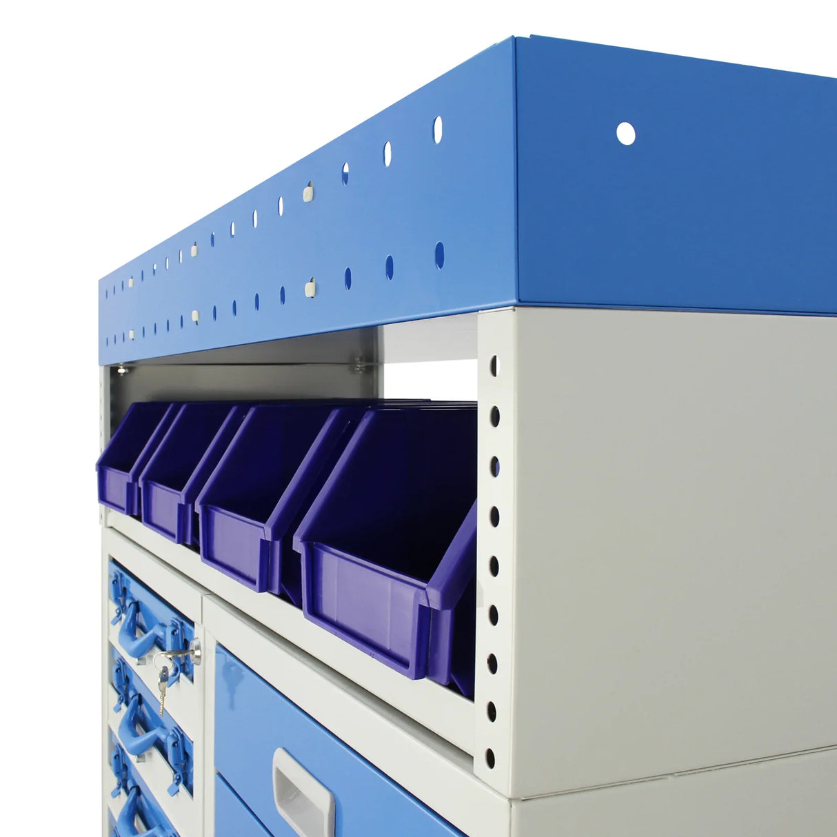 Storm Metal Van Racking features a sturdy white frame with a blue top, multiple purple storage bins, and perforated panels for tool organization