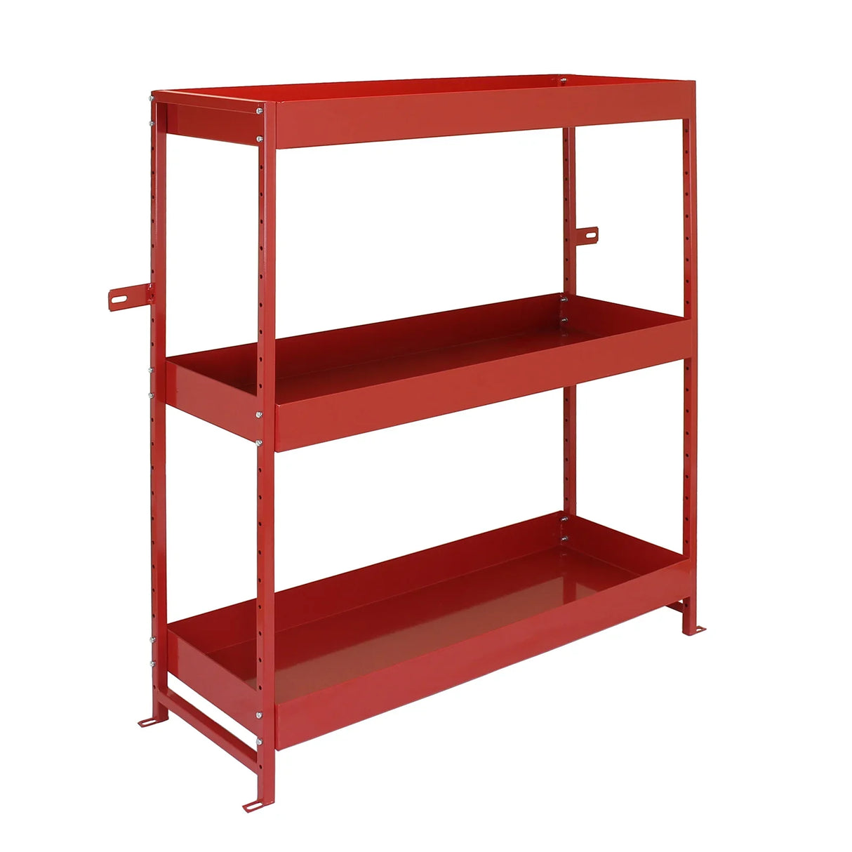 Red metal van shelving unit with three sturdy shelves, designed for efficient storage and organization in vehicles or garages