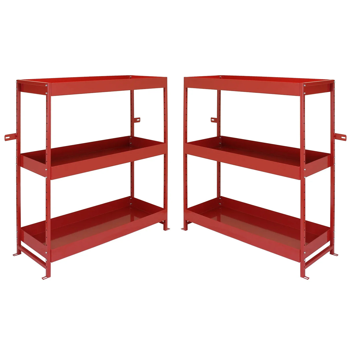 Red metal shelving unit duo with three sturdy shelves each, designed for efficient storage in vans or garages, featuring a sleek finish