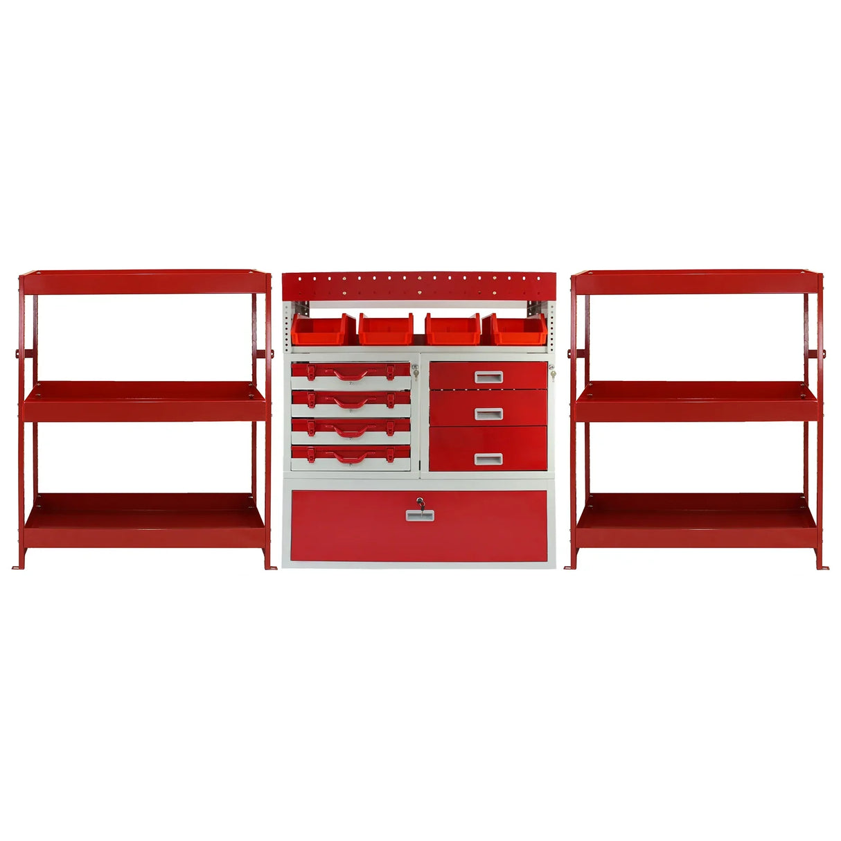 Flame red metal van shelving bundle with multiple shelves, drawers, and storage bins, designed for efficient organization and durability