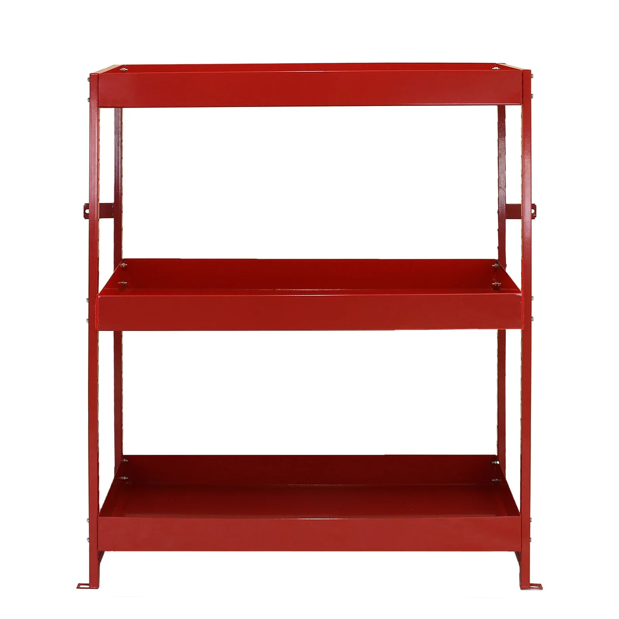 Red metal shelving unit with three sturdy shelves, designed for van storage, featuring a durable, powder-coated finish