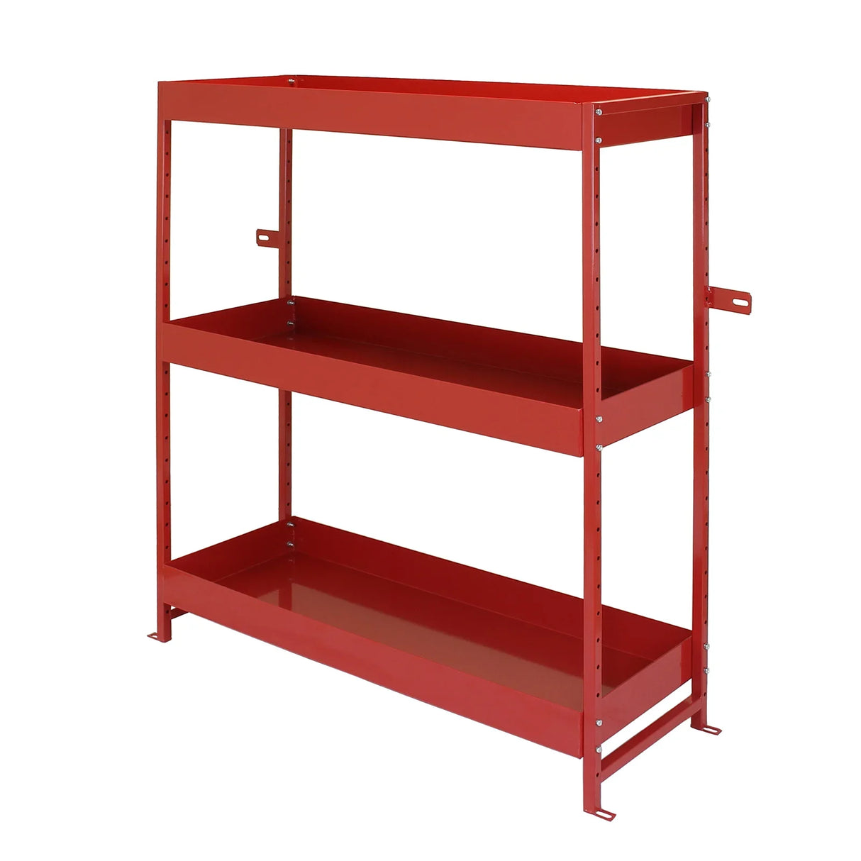 Volcano red metal van shelving unit with three sturdy shelves, ideal for organizing tools and equipment in vehicles or garages