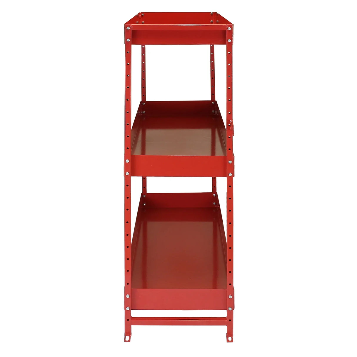 Red metal van shelving unit with three sturdy shelves, featuring a sleek finish and durable construction for efficient storage solutions