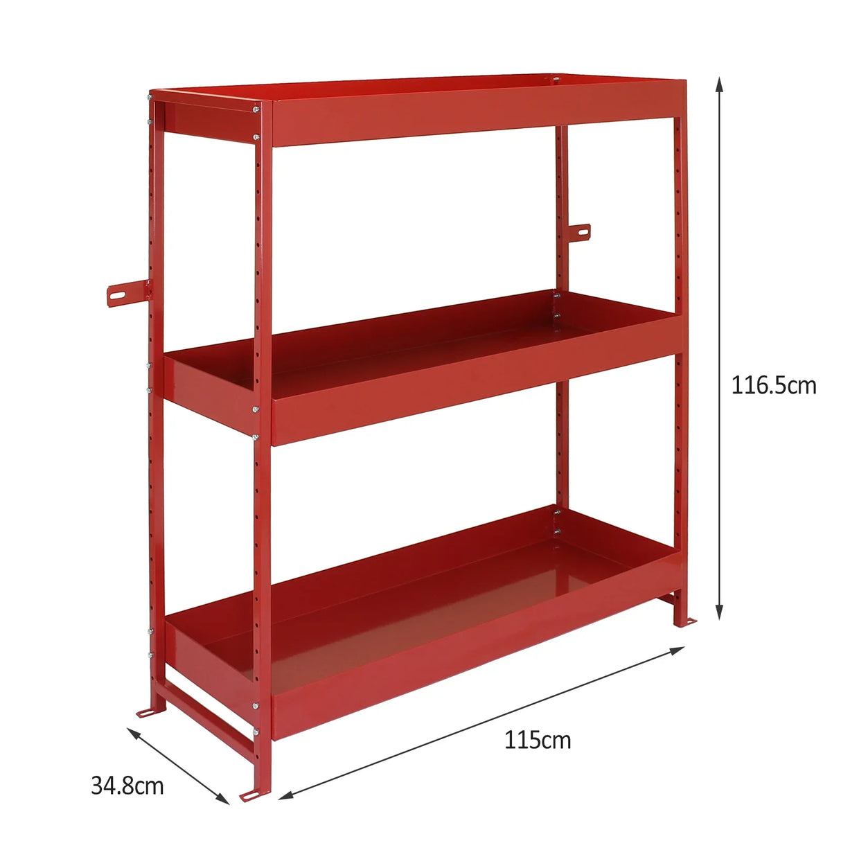 Red metal shelving unit with two spacious shelves, measuring 115cm wide and 116.5cm tall, ideal for van storage solutions
