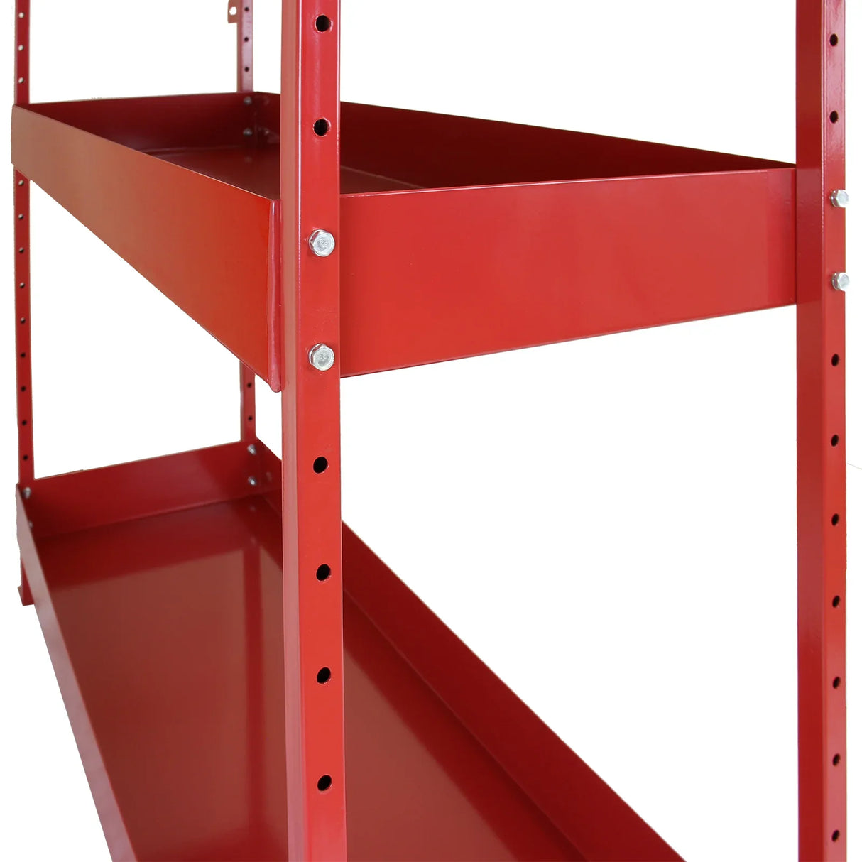 Red metal shelving unit with three sturdy shelves, featuring a smooth finish and adjustable height for versatile storage solutions