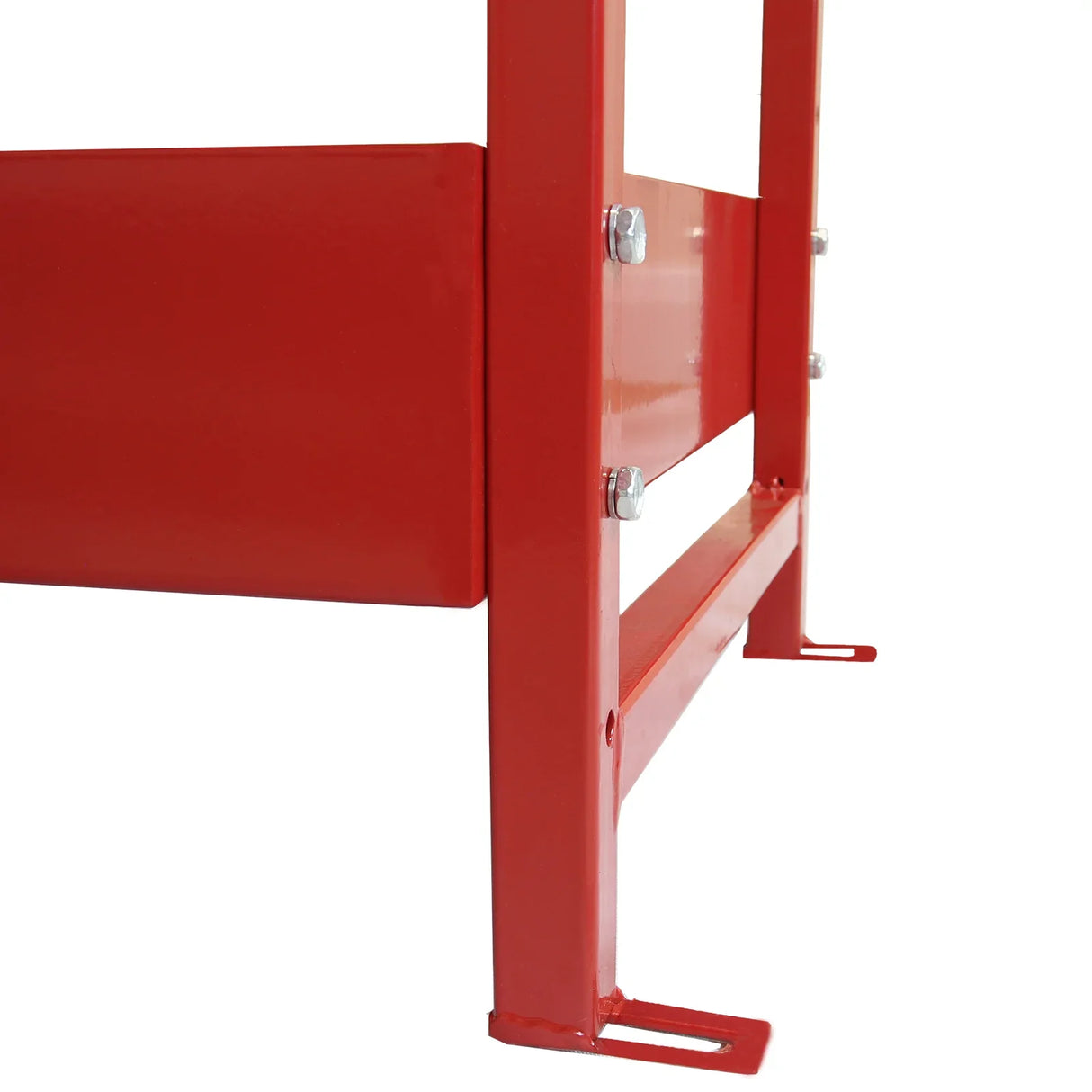 Close-up of the sturdy red metal frame of the Monster Racking Volcano Van Shelving Unit, showcasing bolts and smooth finish