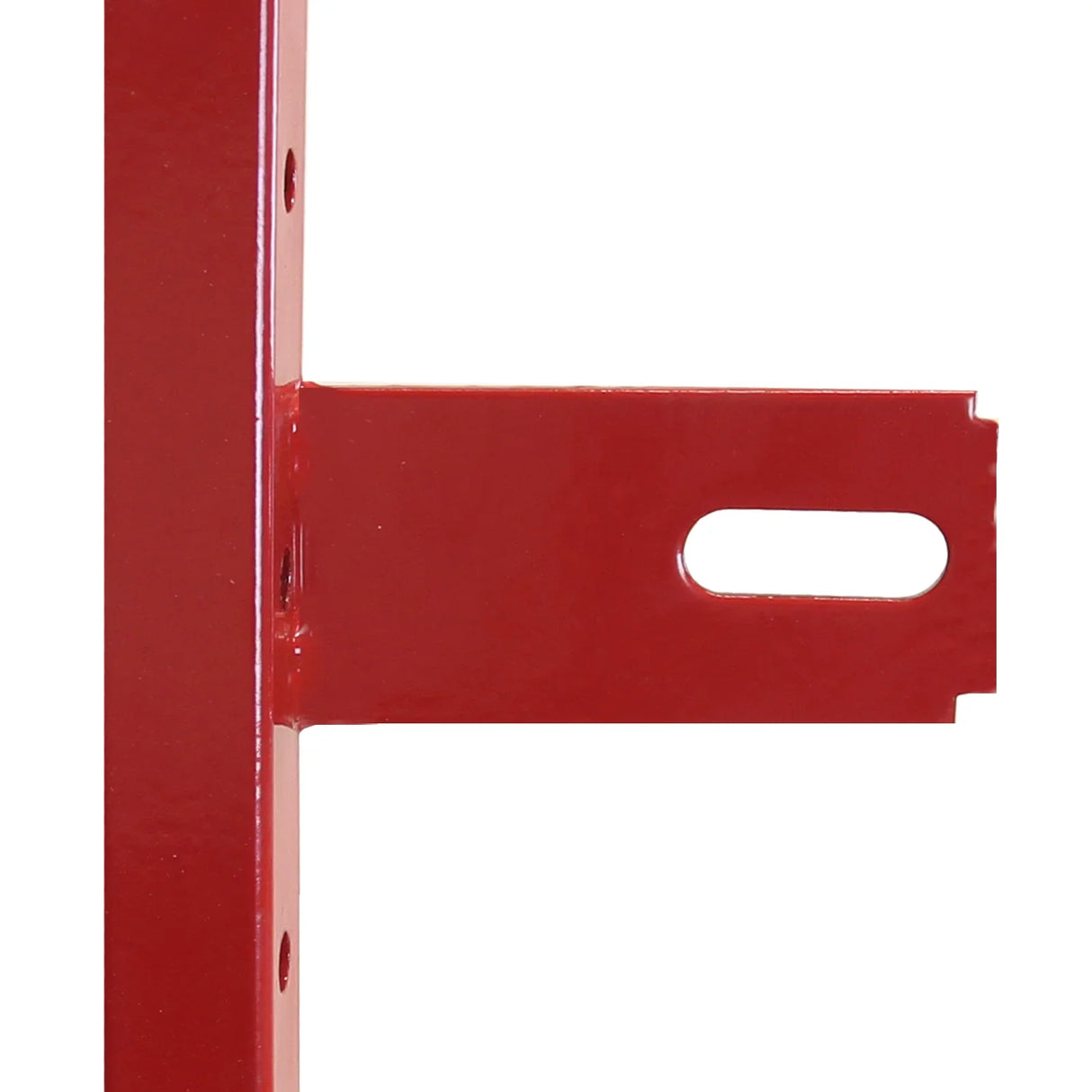 Close-up of the vibrant red metal bracket for the Monster Racking Volcano Van Shelving Unit, showcasing its sturdy design and finish