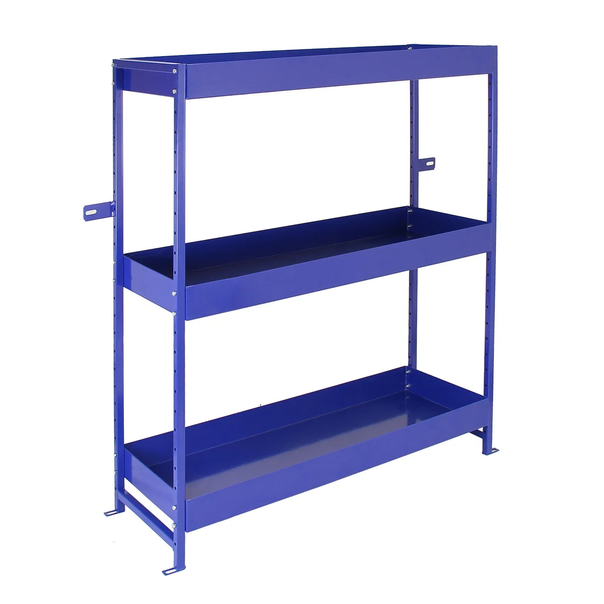 Blue metal shelving unit with two sturdy shelves, designed for van storage, featuring a sleek, industrial finish and durable construction