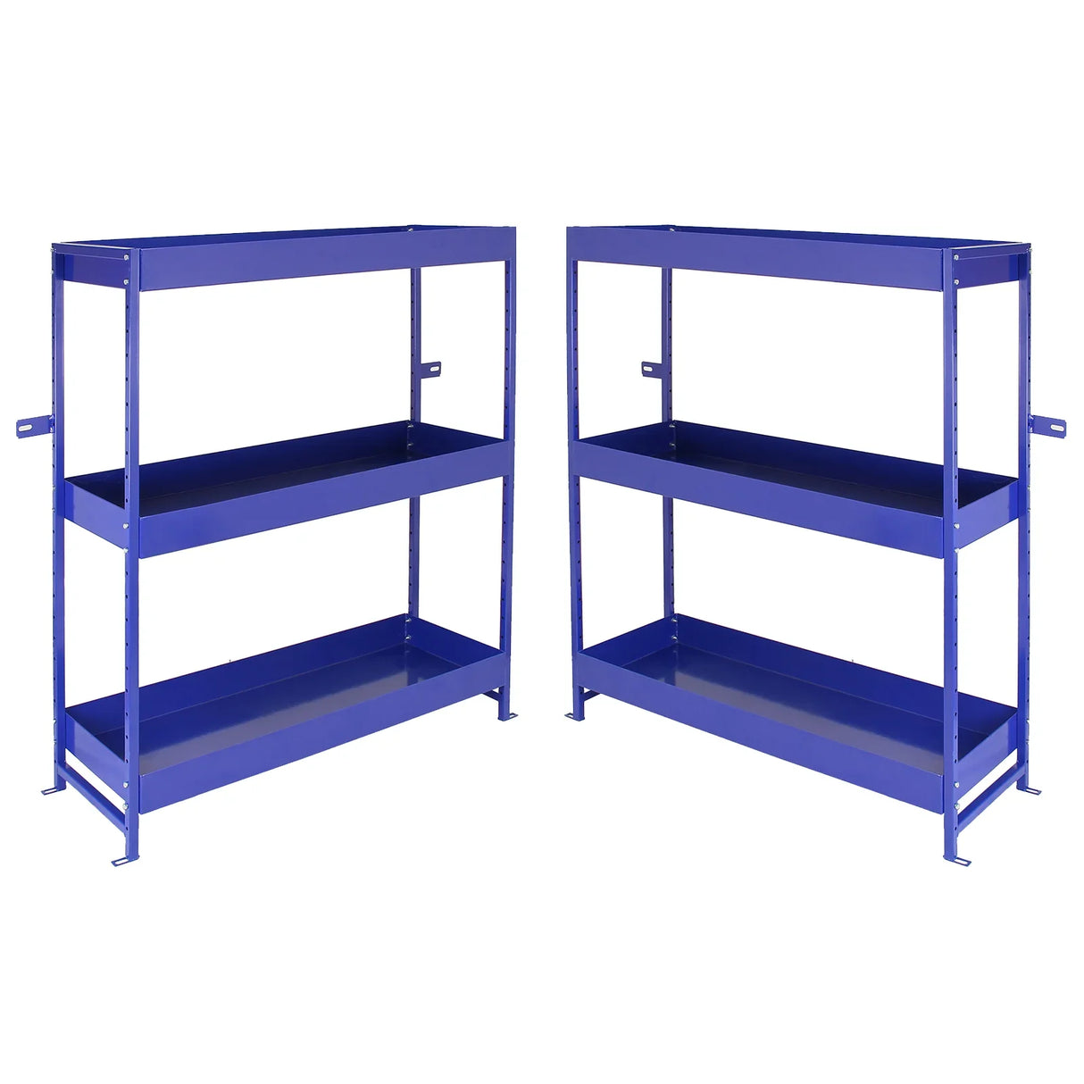 Blue metal van shelving unit duo with two sturdy shelves each, designed for efficient storage and organization in vehicles or garages