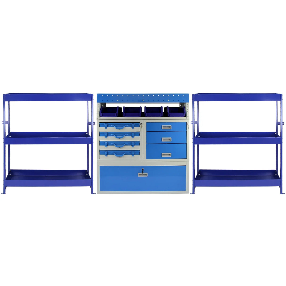 Metal van shelving bundle featuring blue shelves and drawers, sturdy design with multiple storage options for tools and equipment