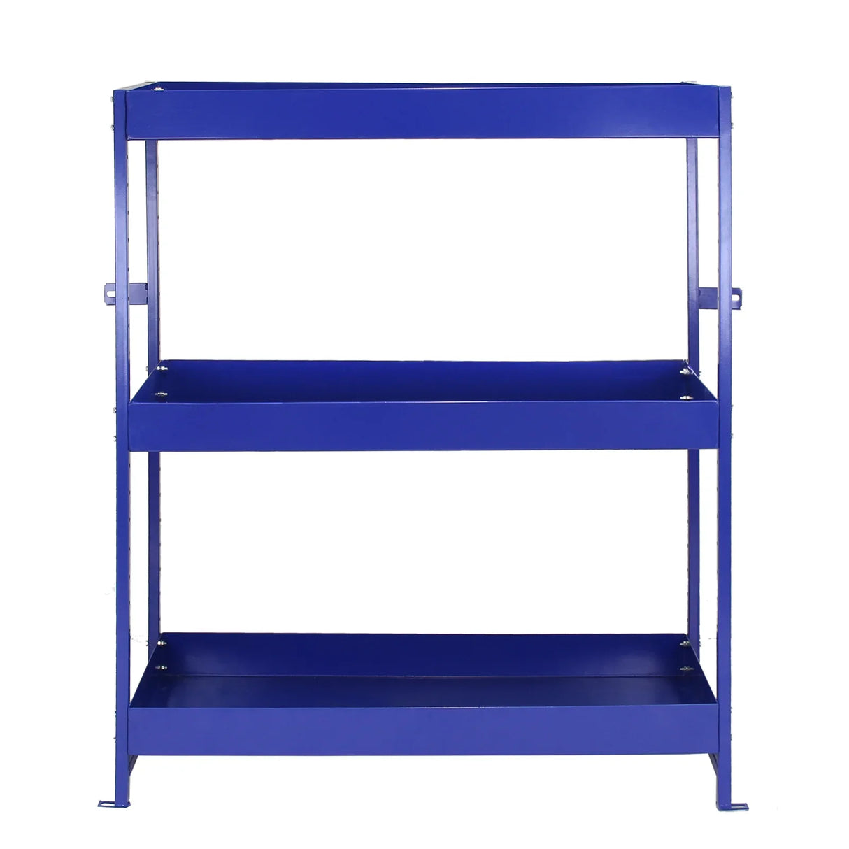 Blue metal shelving unit with three sturdy shelves, designed for efficient storage in vans or garages, featuring a sleek finish