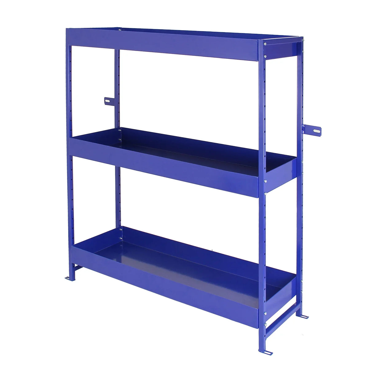 Sturdy blue metal shelving unit with three adjustable shelves, ideal for organizing tools and supplies in a van or garage