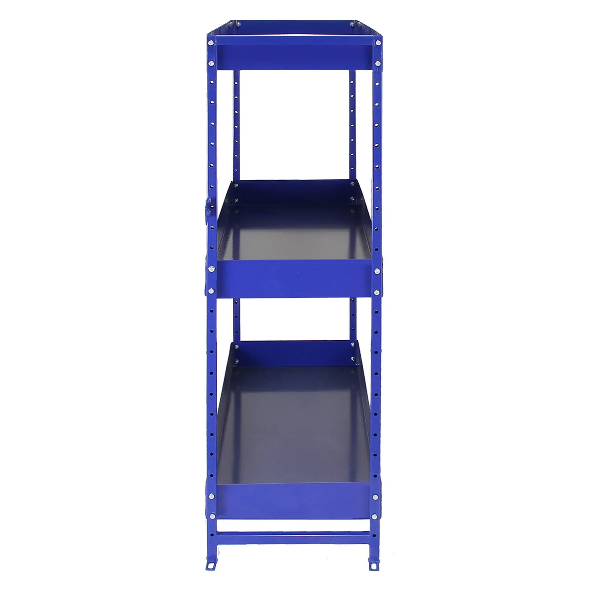 Blue metal shelving unit with three sturdy shelves, designed for efficient storage in vans or garages, featuring a sleek finish