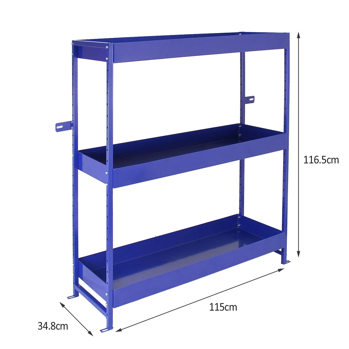 Blue metal shelving unit with three sturdy shelves, measuring 115cm wide and 116.5cm tall, ideal for van storage solutions