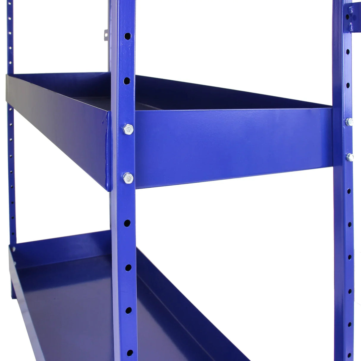 Blue metal van shelving unit featuring sturdy shelves and a robust frame, ideal for organizing tools and equipment in vehicles