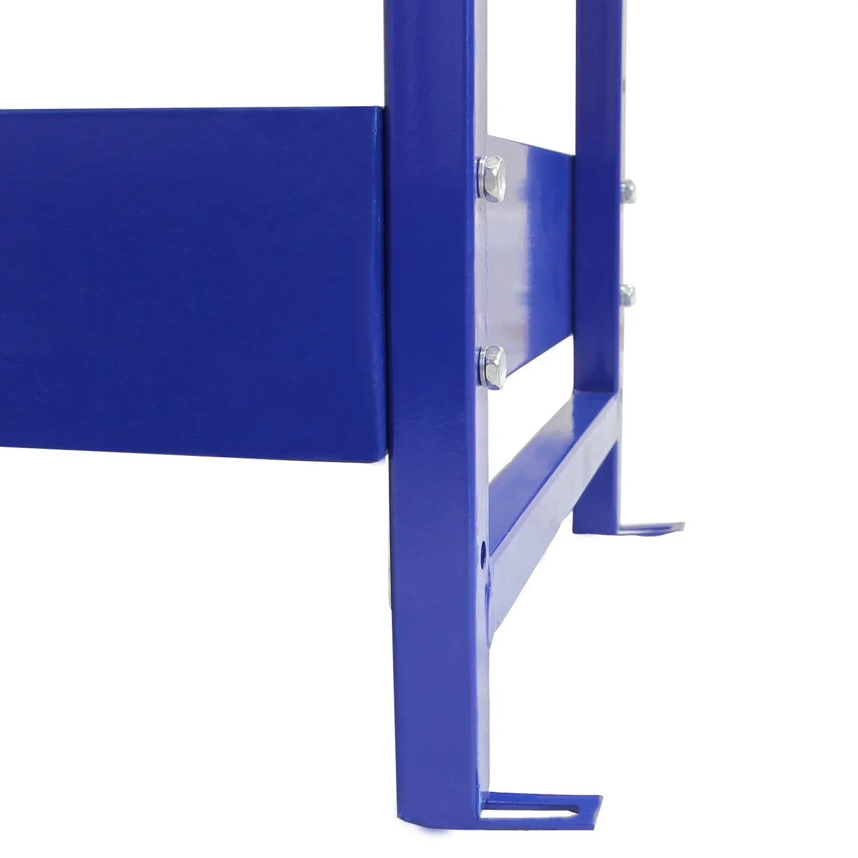 Sturdy blue metal frame of the Monster Racking Lightning Van Shelving Unit, showcasing robust construction and secure bolts for stability