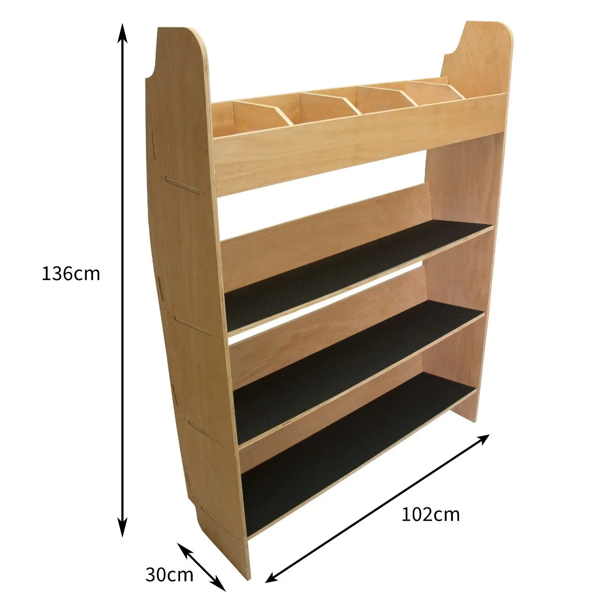 Ford Transit Custom divider racking features a sturdy wooden frame with three black shelves and five top compartments for organized storage