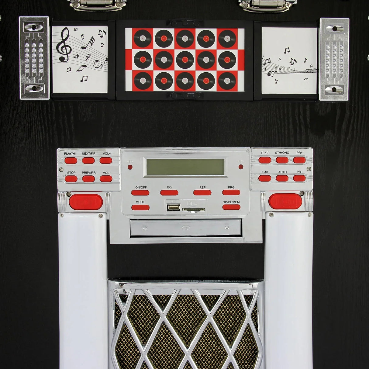 Vinyl jukebox and CD case featuring a glossy black finish, red and silver controls, and decorative musical notes on the front