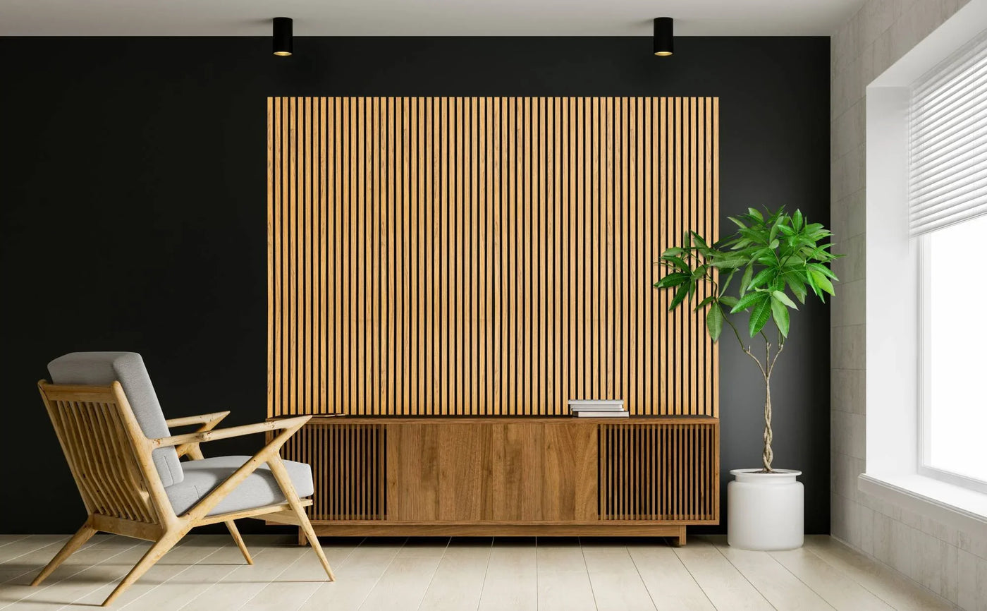 Modern living room featuring a wooden slatted wall, stylish armchair, potted plant, and light-colored flooring against a dark backdrop