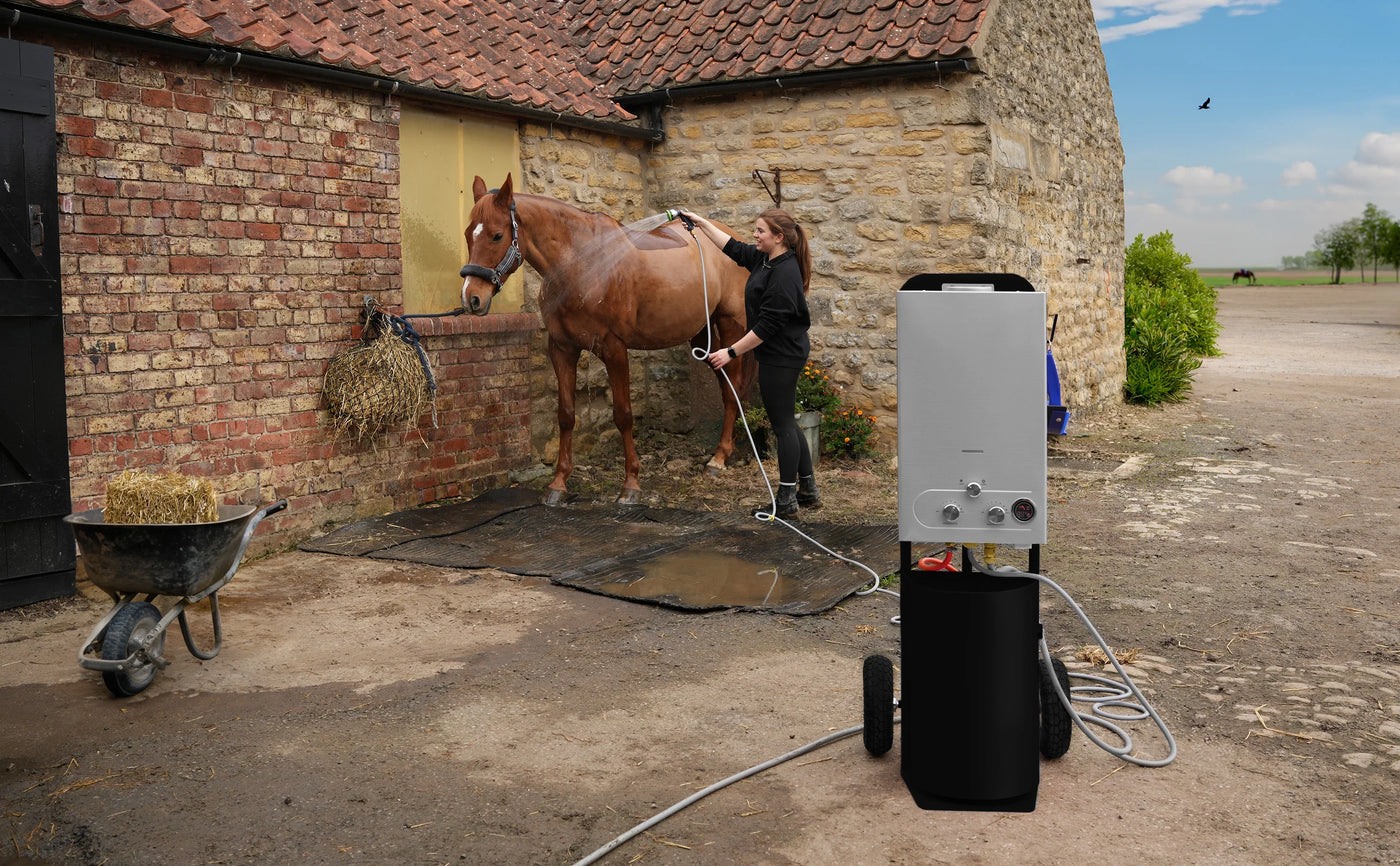 A woman bathes a brown horse outside a rustic stone stable, using a portable water heater on a black cart with hoses