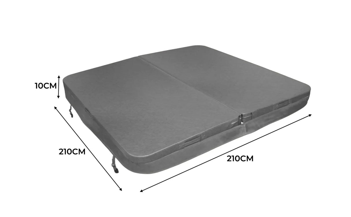 Grey 2.1m hot tub spa cover with a smooth texture, measuring 210cm x 210cm and 10cm thick, designed for durability and protection