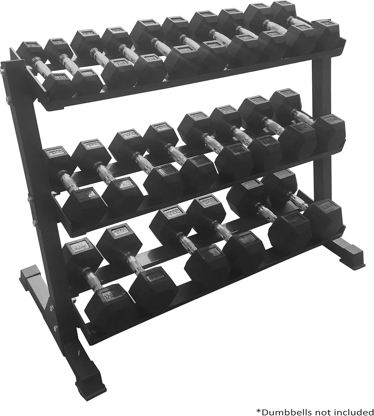Wide 3-tier dumbbell rack in black metal, showcasing a sturdy design with ample space for organizing multiple dumbbells securely