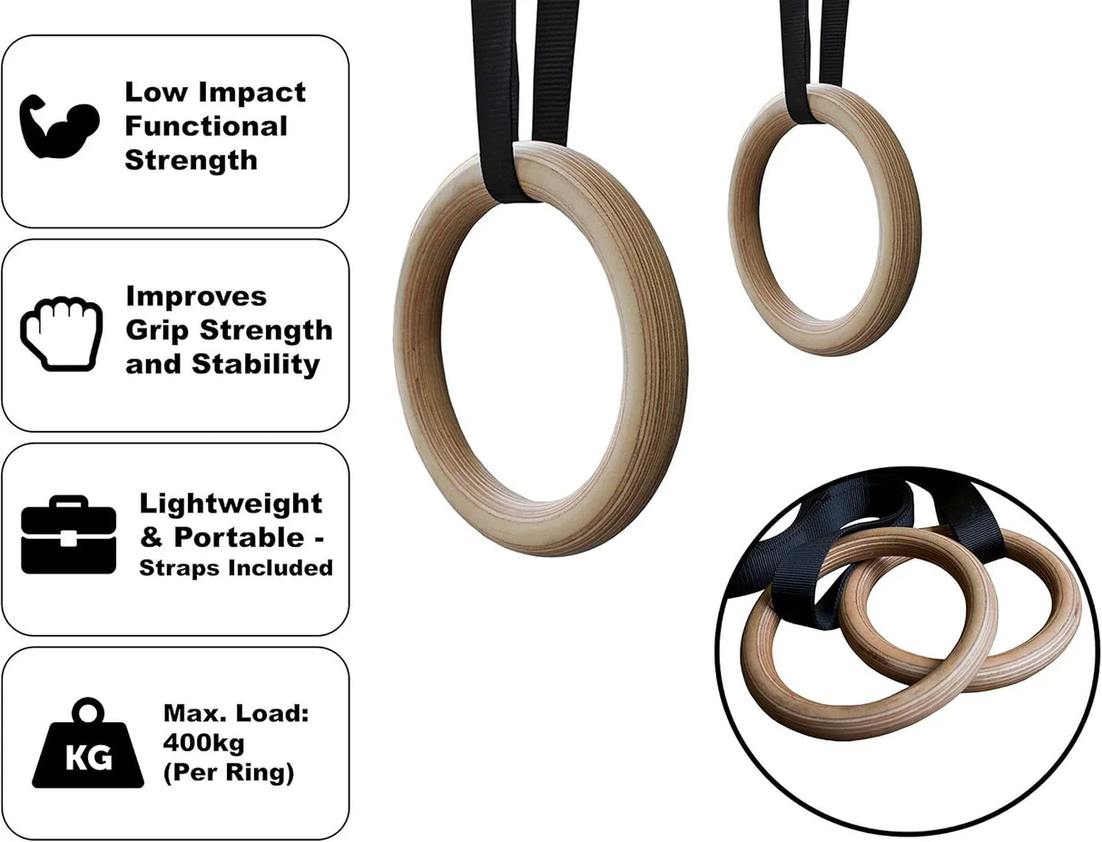 Wood gym rings with a smooth, natural finish, featuring sturdy black straps, designed for strength training and stability