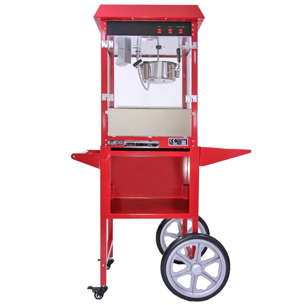 Bright red KuKoo Commercial 8oz popcorn maker machine on a sturdy cart, featuring a glass front, stainless steel kettle, and large wheels for mobility
