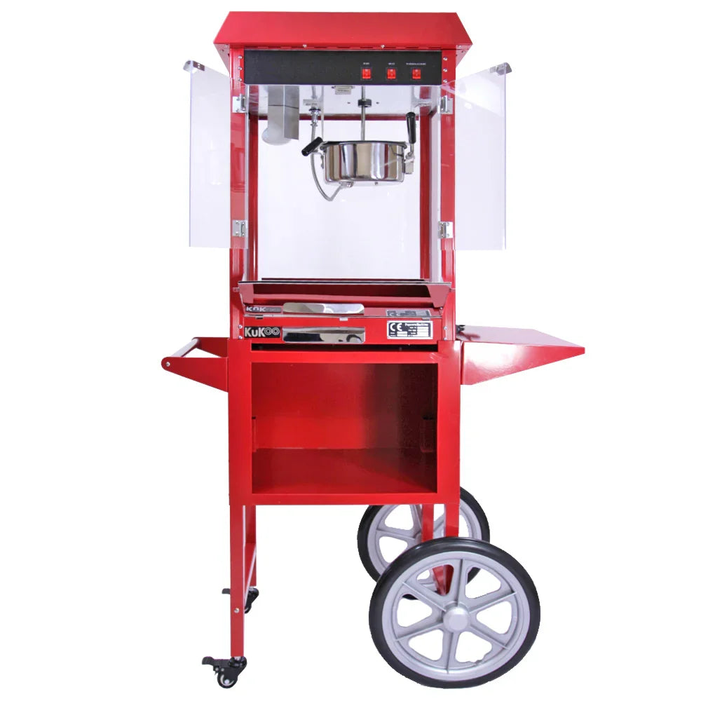 Bright red KuKoo Commercial 8oz popcorn maker machine on a cart, featuring clear side panels, stainless steel kettle, and sturdy wheels