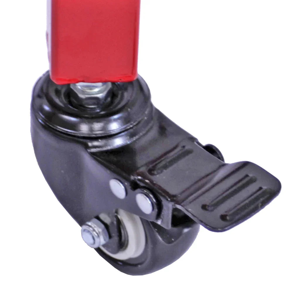 Close-up of the sturdy black wheel and brake mechanism of the KuKoo Commercial 8oz Popcorn Maker cart, showcasing durability and mobility