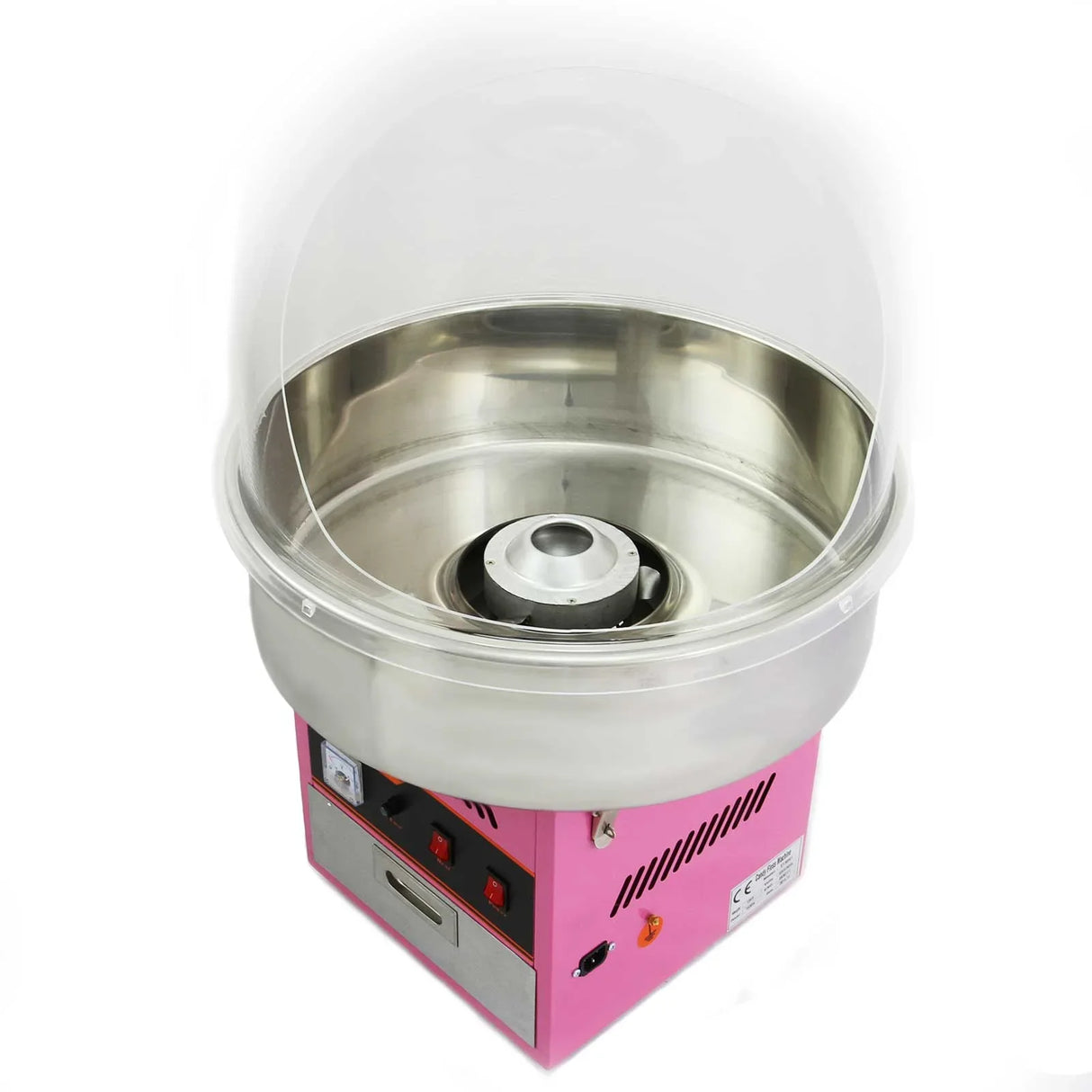 Clear protective dome for KuKoo candy floss machine, showcasing stainless steel bowl and pink base with control panel and switches