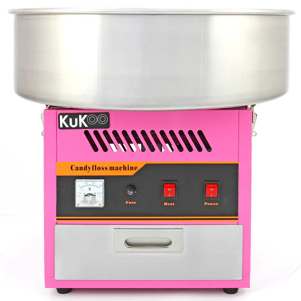 Bright pink KuKoo candy floss machine with stainless steel bowl, featuring control buttons and a sleek design, ideal for making cotton candy