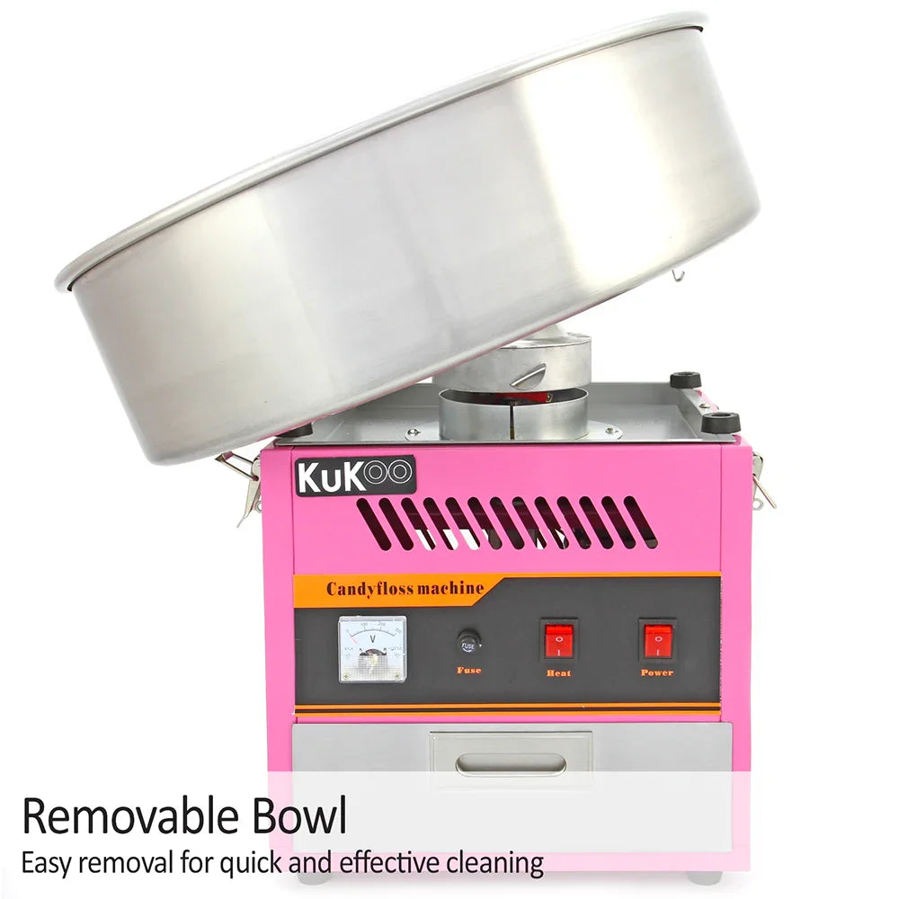 KuKoo candy floss machine in vibrant pink with a removable stainless steel bowl, featuring power and heat controls for easy operation