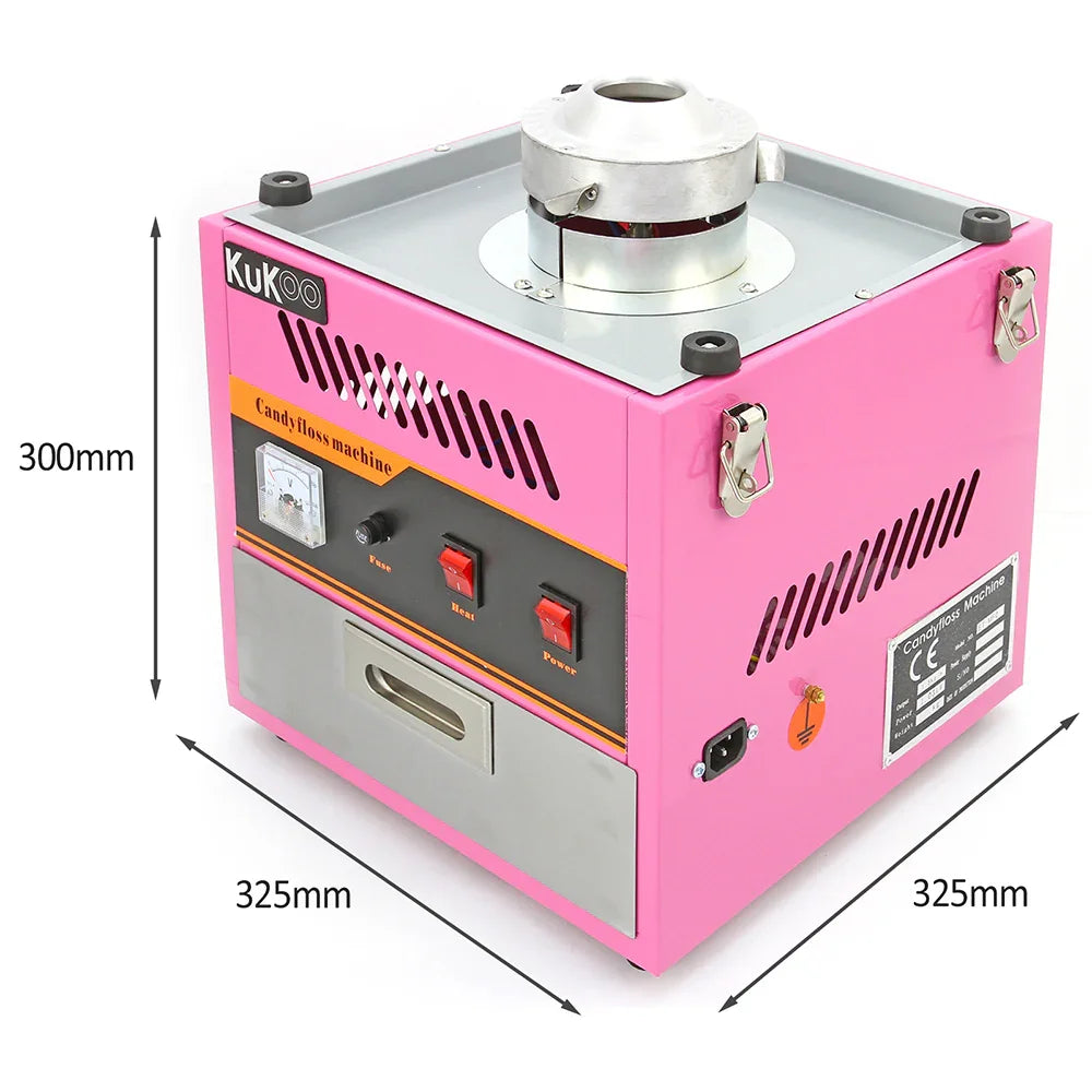 Bright pink KuKoo candy floss machine with stainless steel top, featuring control buttons and a spacious base for easy use