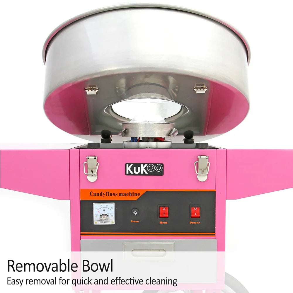 KuKoo Candy Floss Machine features a shiny stainless steel removable bowl, pink cart, and easy-to-use control panel for quick cleaning