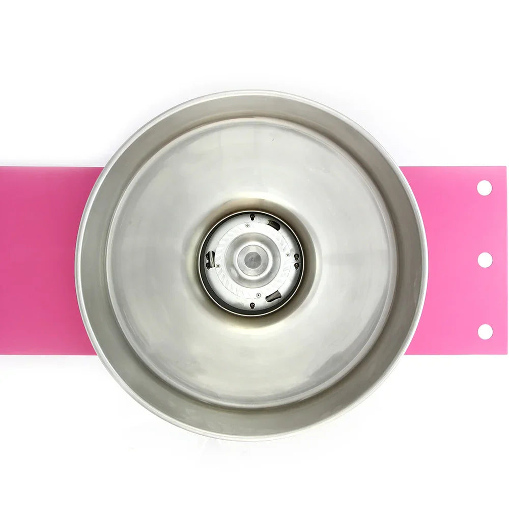 Stainless steel bowl of the KuKoo Candy Floss Machine with a shiny finish, set on a vibrant pink cart surface