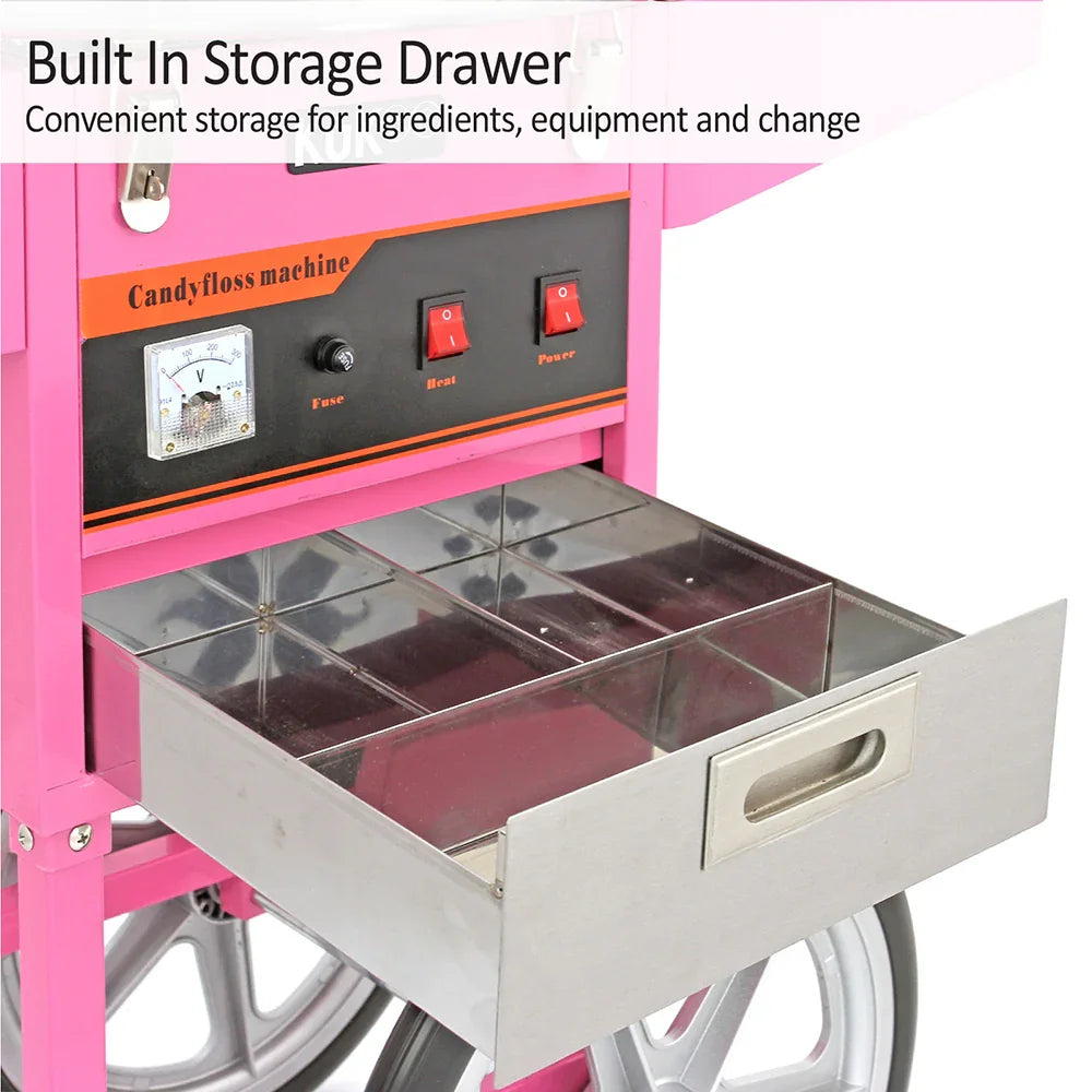 Storage drawer of the KuKoo Candy Floss Machine, featuring a shiny metal finish and divided compartments for easy organization of supplies