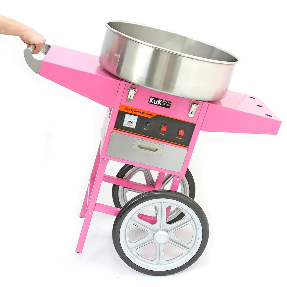KuKoo candy floss machine in vibrant pink with a stainless steel bowl, mounted on a sturdy cart with large wheels for easy mobility