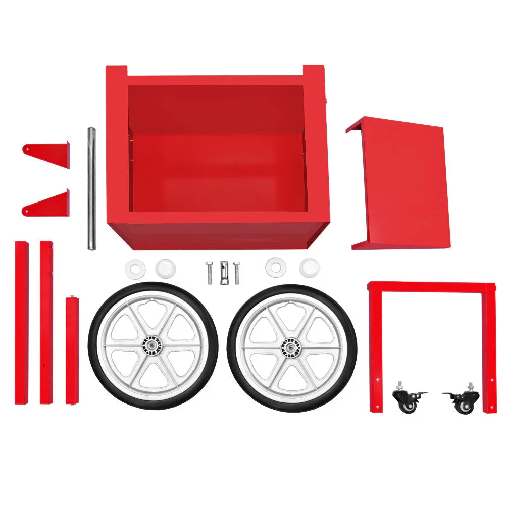 Bright red KuKoo popcorn machine cart parts, including wheels, frame, and assembly components, showcasing a vintage design