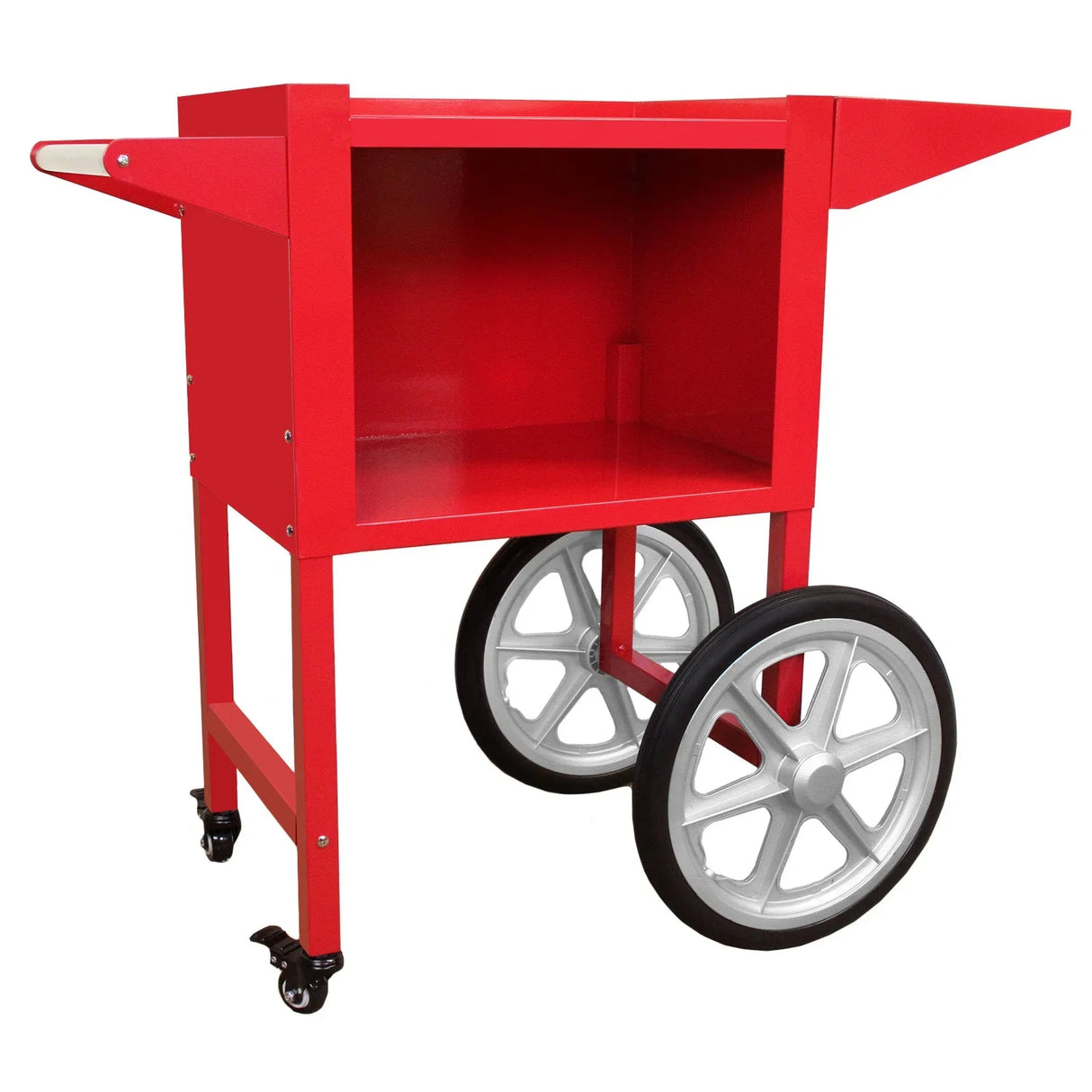 Bright red KuKoo popcorn machine cart with sturdy wheels, open storage compartment, and a classic vintage design for easy mobility