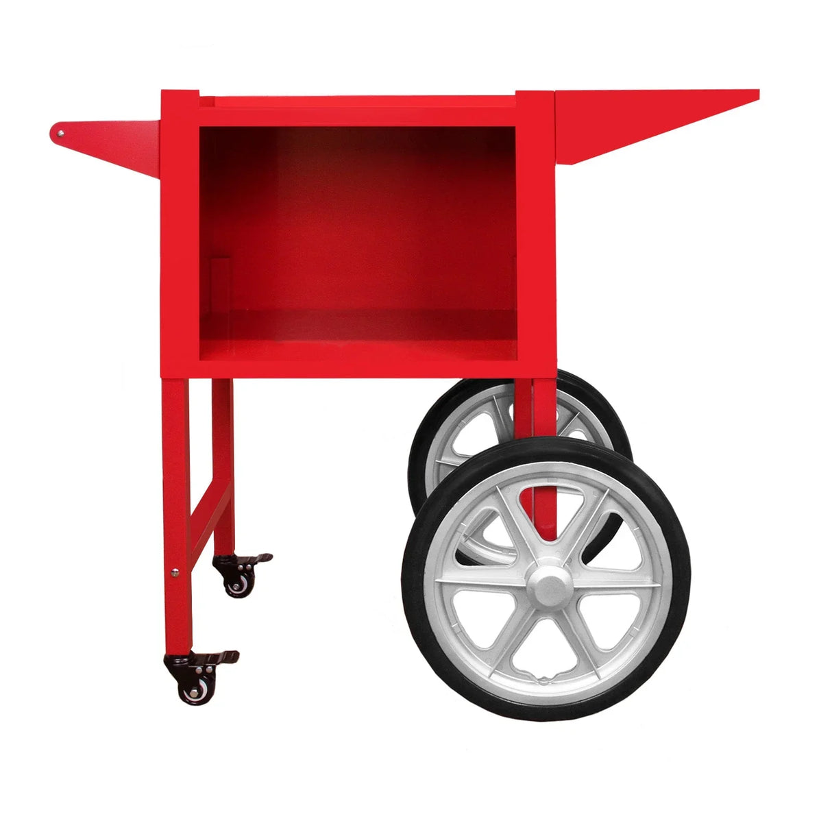 Bright red KuKoo popcorn machine cart with a spacious interior, sturdy wheels, and a vintage design ideal for events and parties