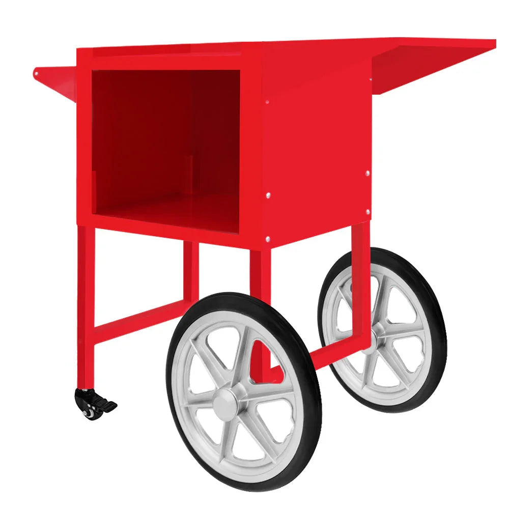 Bright red KuKoo popcorn machine cart with a spacious open compartment and sturdy white wheels, perfect for outdoor events