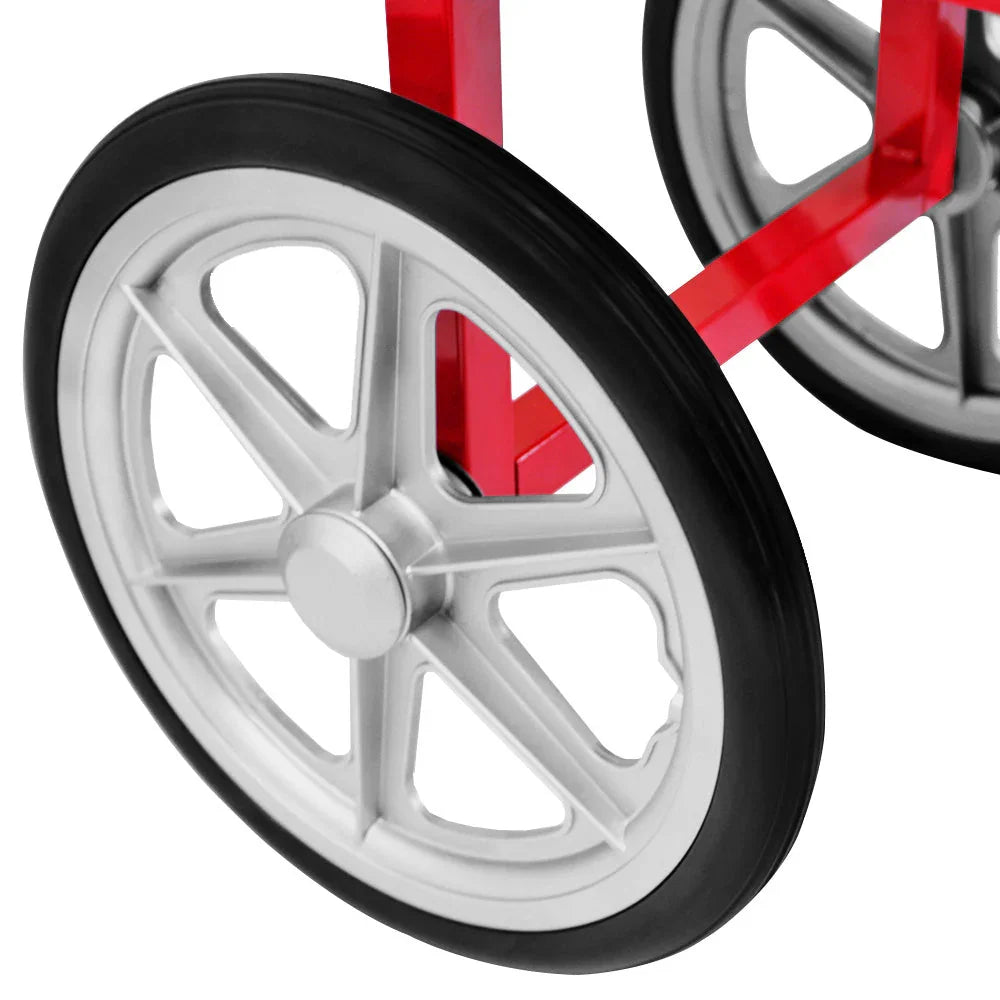 Close-up of the sturdy silver wheel of the KuKoo Popcorn Machine Cart, featuring a black rubber tire and a stylish spoke design