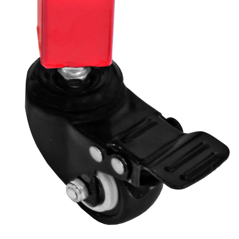 Close-up of the KuKoo Popcorn Machine Cart's sturdy black wheel with a red support frame, designed for easy mobility and stability