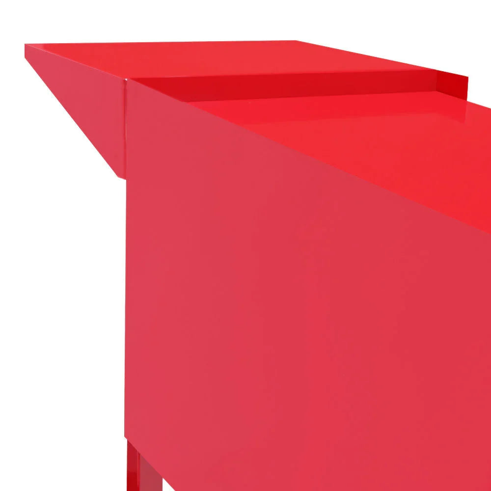 Bright red metal popcorn machine cart with a sleek, modern design and a spacious serving area for easy popcorn dispensing