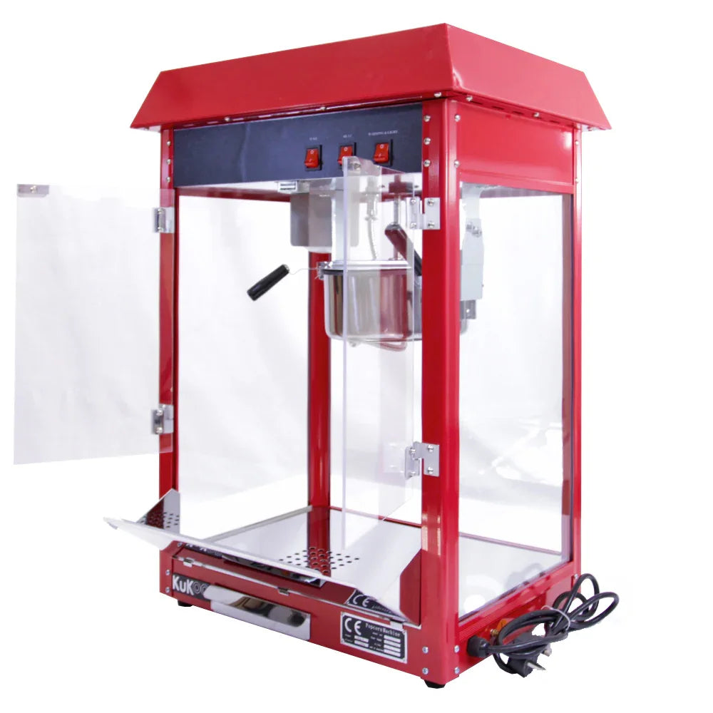 Bright red KuKoo 8oz commercial popcorn machine with a glass front, stainless steel base, and a vintage-style design, perfect for events