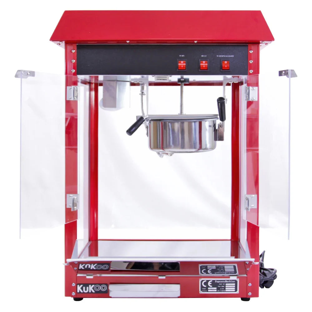 Bright red KuKoo 8oz commercial popcorn machine with clear side panels, stainless steel kettle, and control buttons for easy operation