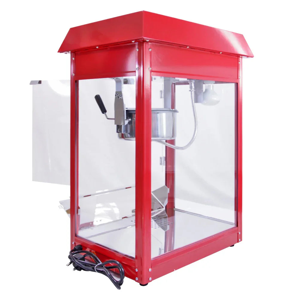 Red commercial popcorn machine with a glass front, stainless steel kettle, and a shiny finish, ideal for events and parties