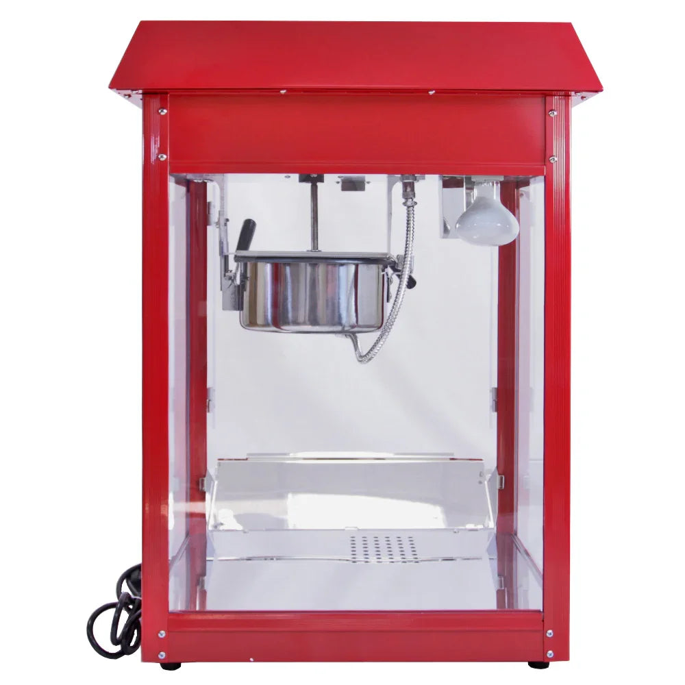 Bright red KuKoo 8oz commercial popcorn machine with a stainless steel kettle, clear glass sides, and a sleek design for easy viewing