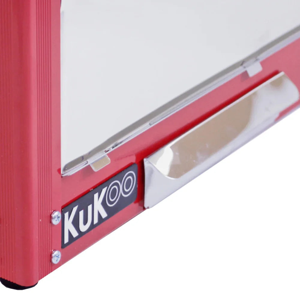 Close-up of the KuKoo 8oz Commercial Popcorn Machine in vibrant red, showcasing its sleek metal finish and polished silver handle